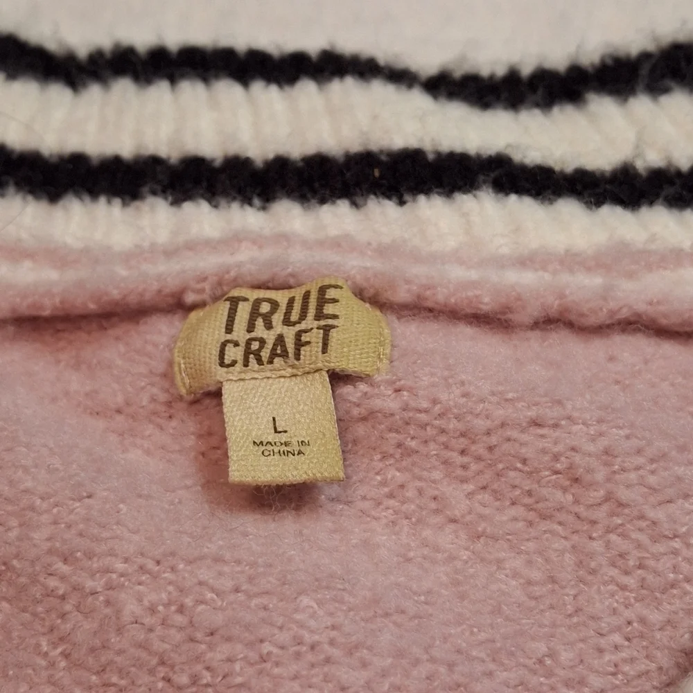 True Craft Embroidered Varsity Sweater Gray Pink Striped Trim  Women Size Large - Picture 2 of 15